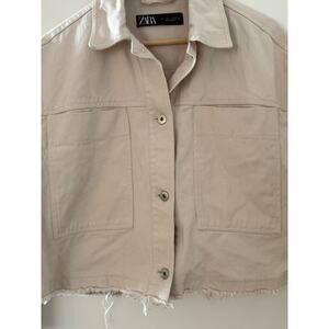 ZARA Boxy Cropped Utility Jacket Cream Raw Hem Shacket Minimalist ✨